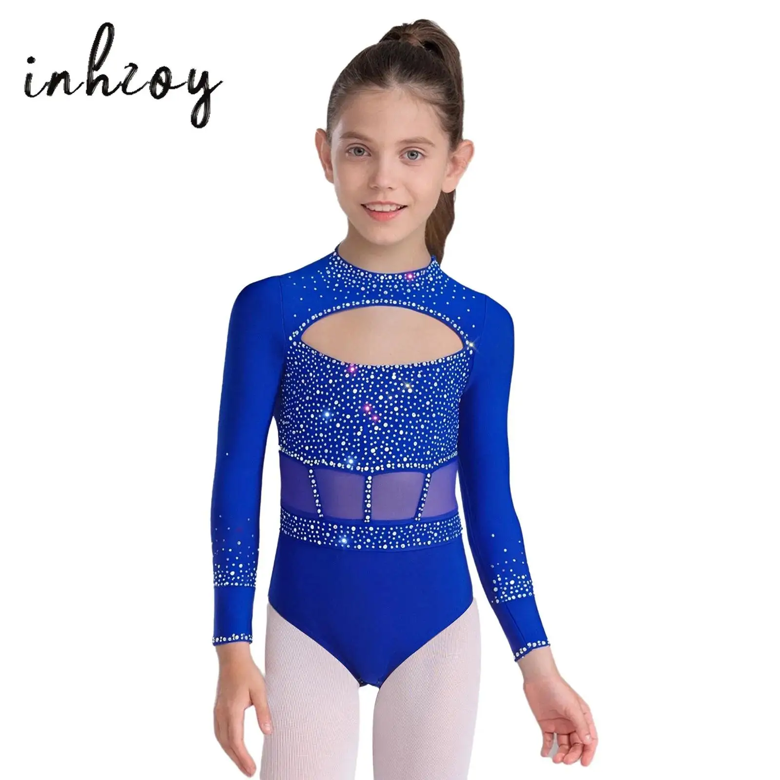 

Kids Girls Shiny Rhinestones Gymnastics Leotard Crew Neck Long Sleeve Cutout Front Dance Bodysuit Ballet Performance Dancewear