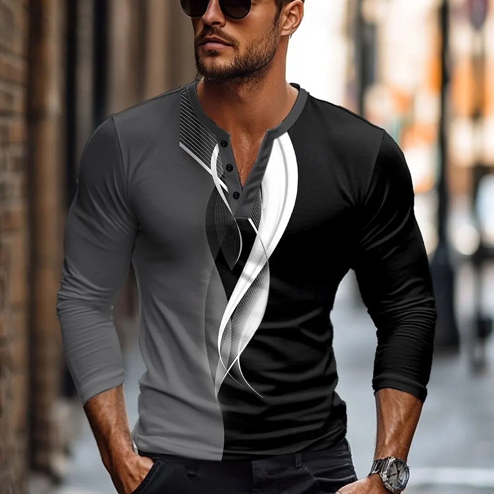 

Simple Stripe Long Sleeve Henley T-Shirts For Men Autumn Business Casual Fashion Button Pullover Loose Breathable Quick Dry Tops