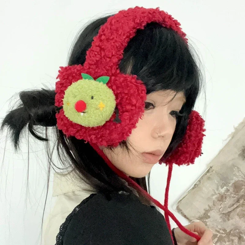 Cute Apple Shape Design Red Plush Earmuffs for Women Autumn and Winter Warm Ear Protection Fashion Versatile Straps Hairband