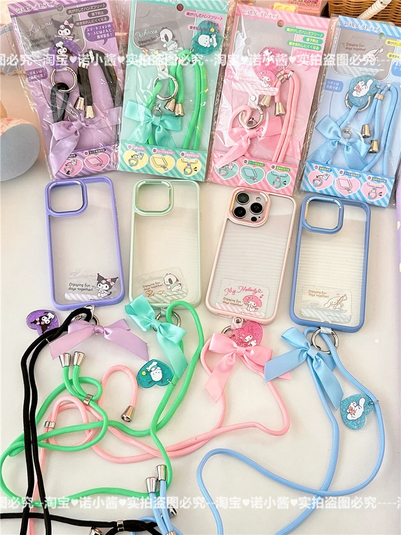 Sanrio bonito kuromi cinnamoroll minha melodia telefone móvel cordão ajustável menina caso do telefone móvel decoração diagonal corda longa