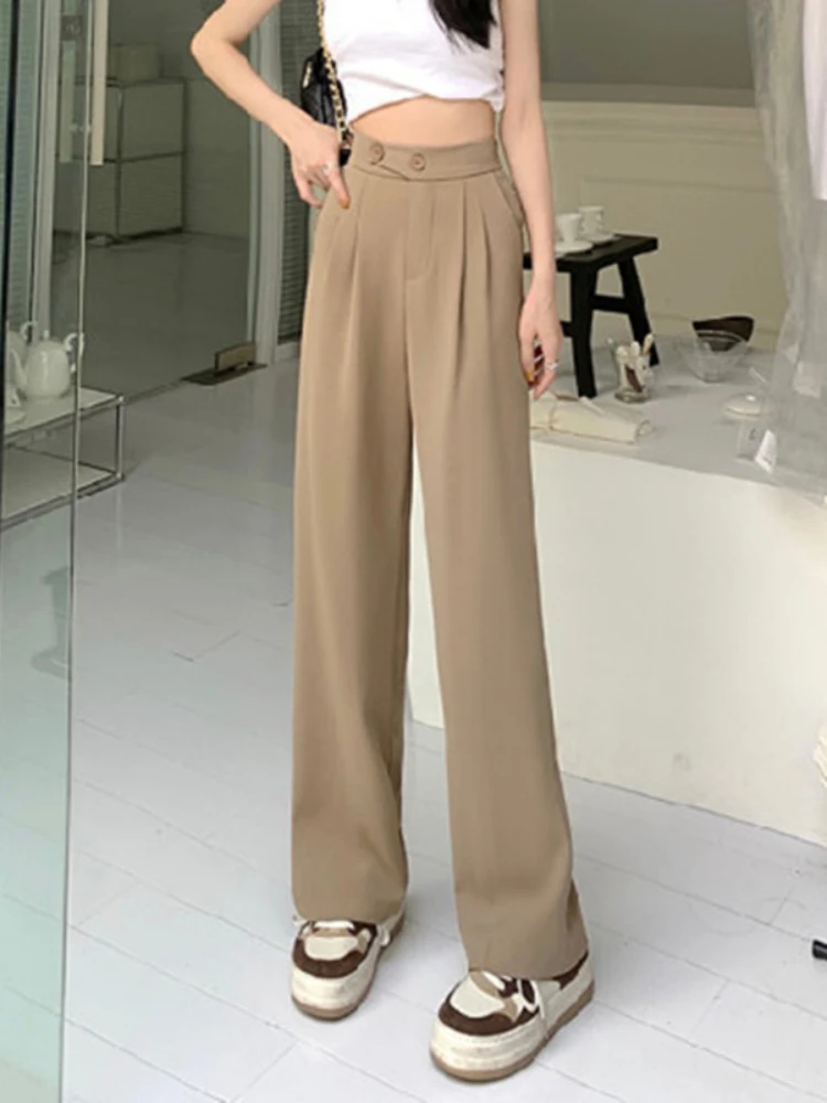 Women Solid Wide Leg Pants High Waist Button Spliced Trousers Casual Pockets Long Pant Loose Elegant Sporty Office Ladies