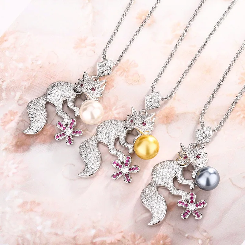 

Trendy Silver Fox Pendant Necklace for Women Bling Zircon Pearl Ladies Neckalce Wedding Anniversary Charms Jewelry Souvenir