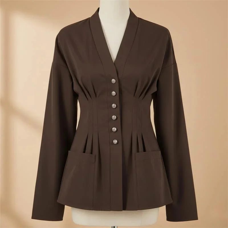 

Женская модная рубашка с v-образным вырезом, коричневая, с длинным рукавом и поясом, весенняя элегантная офисная одежда, идеально подходящая для повседневных прогулок на каждый день