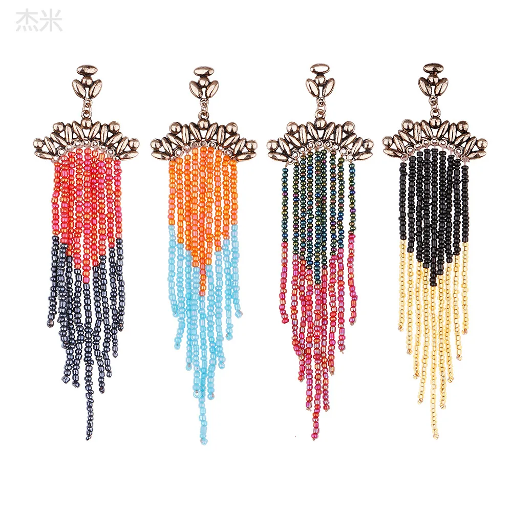 Bohemia Rice bead earrings Geometry Color mixing Tassel Hand-woven Alloy Fashion Temperament A sense of sophistication Beaded