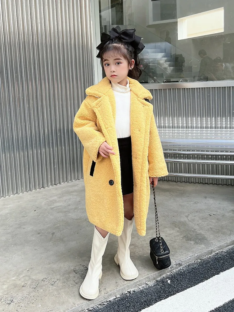 New Winter Children's Fur Integrated Coat Imitation Lamb Plush Fur Coat Warm Thickened Stand-up Collar Medium and Long