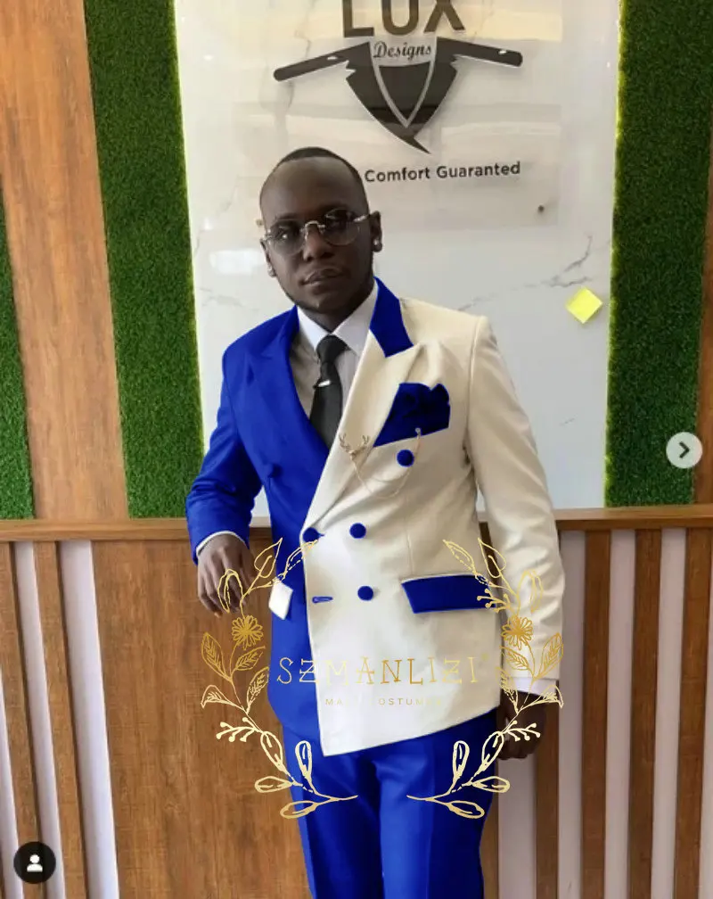 New Design Double Breasted 2 Piece Wedding Men Suits Groom Tuxedos Formal Suits for Prom Party Best Man Black White Blazer Pants