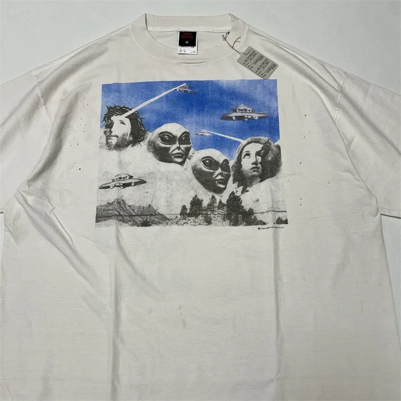Washed White SAINT MICHAEL Men's Shirts 1:1 Best Quality Alien Print Short Sleeves Pure Cotton Oversized T Shirt