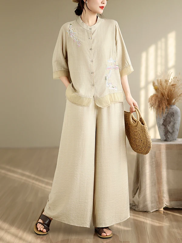 

Women's Cotton Linen Set Summer 2026 Vintage Flax Stand Collar Embroidered Shirt Top Wide Leg Pants Two Piece Suit Casual Style