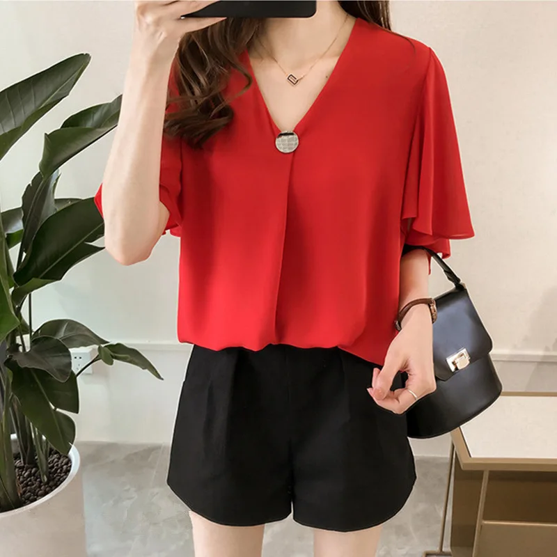 Elegant Fashion Harajuku Slim Fit Female Clothes Loose Casual Sweat All Match Tops Women Solid V Neck Insert Short Sleeve Blouse