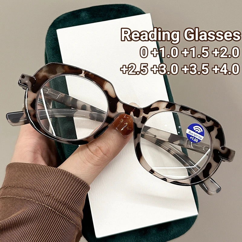 Retro Large Oval Reading Glasses Spring Leg PC Frame Presbyopia Glasses for Elderly Blocking Blue Light Presbyopia Eyeglasses