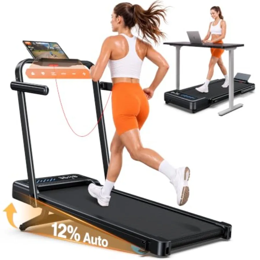 Walking Pad for home use, aluminum alloy frame, black, 12 auto incline foldable with handle bar