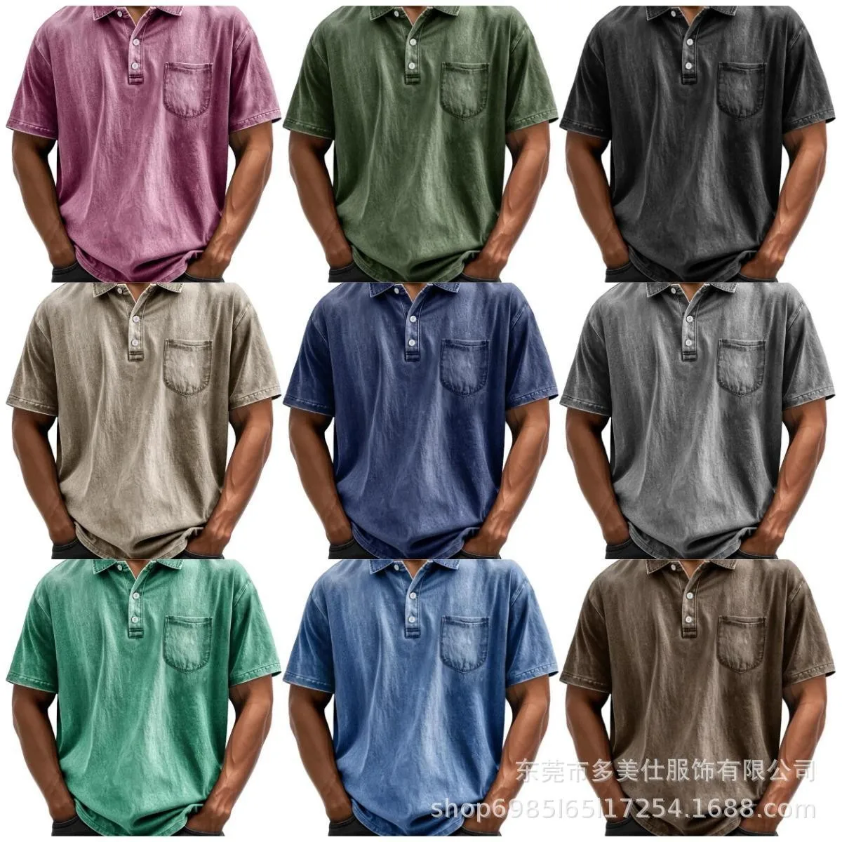 Short Sleeve Shirt Cotton Collar Solid Color Slim Fit Chest Pocket Washed Flip Collar Tee Men's Top Button Front