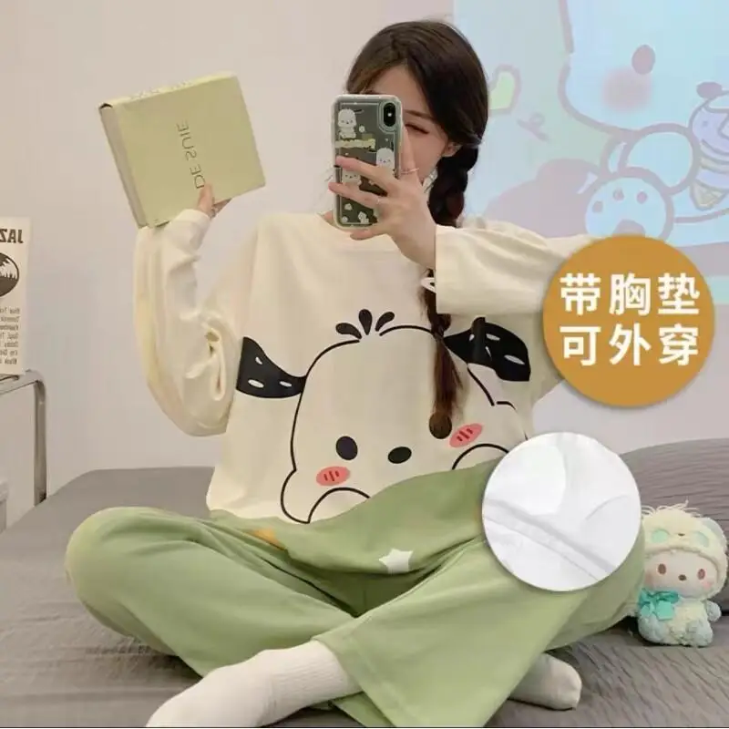 

Sanrio Cartoon Pochacco Pajamas Women Home Outdoor Sweet Loose Comfortable Long Sleeve Long Pants with Built In Bra Sleepwear