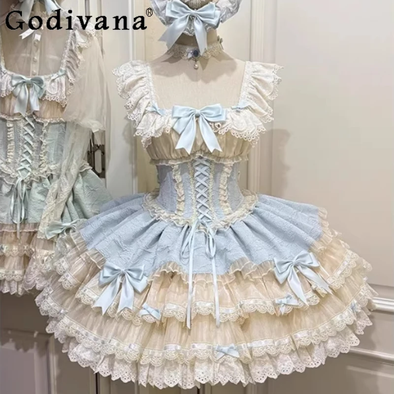 فستان كعكة الباليه الأزرق اللطيف للنساء على الطراز الياباني Jsk فستان لوليتا الحلو فستان بفيونكة الأميرة مع قلادة على شكل قبعة