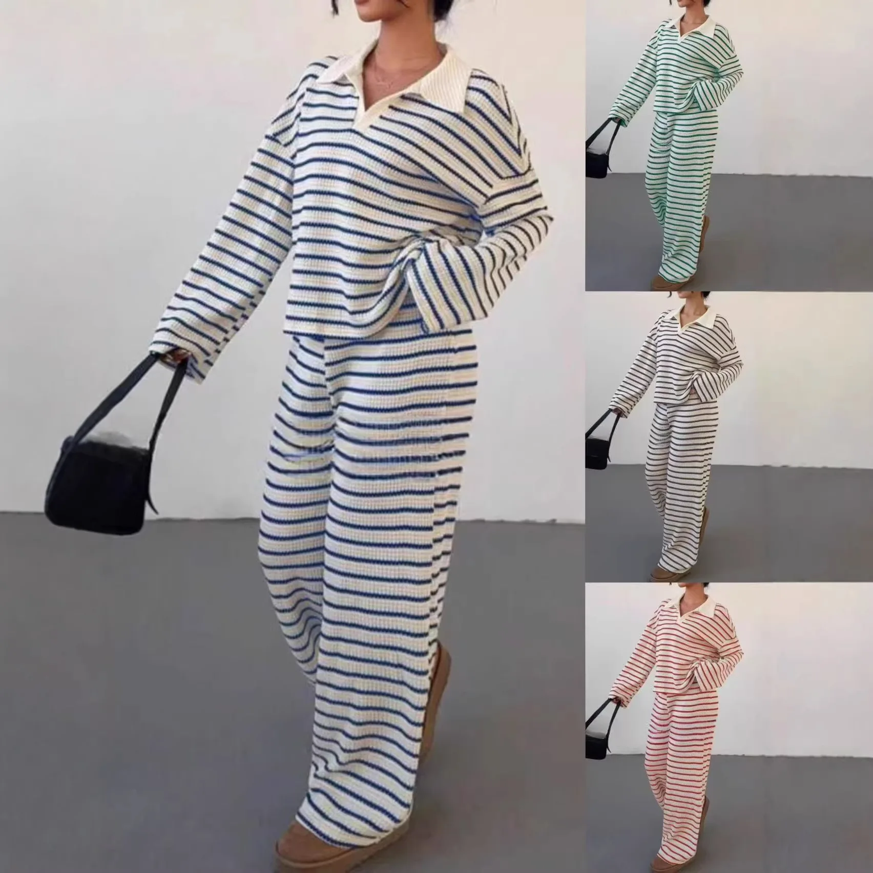 

Новейшая женская одежда 2026 года: модный повседневный брючный костюм с длинными рукавами и контрастными полосками