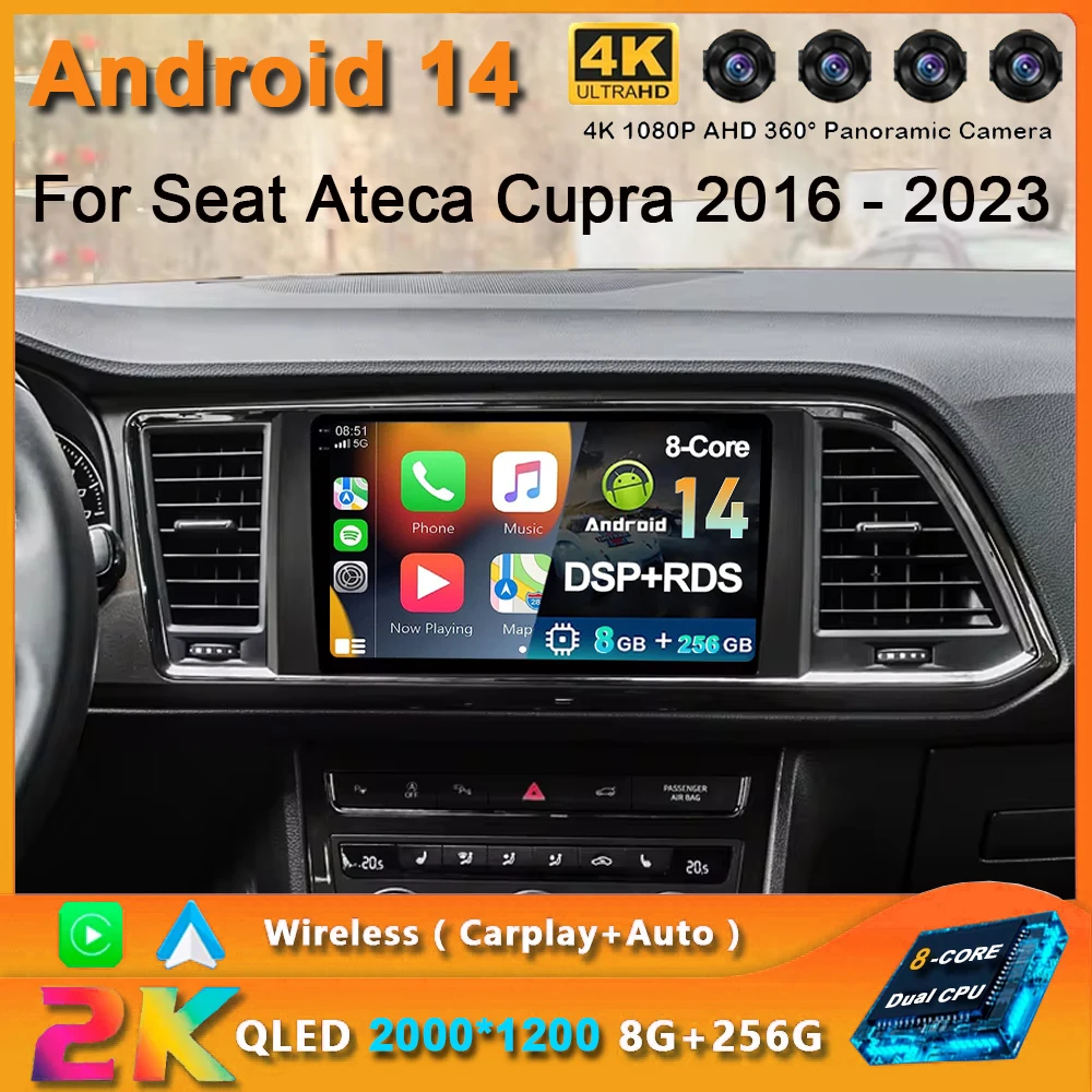 

2K QLED Android 14 Car Radio For Seat Ateca Cupra 2016 - 2023 Multimedia Video Player GPS AI Voice CarPlay Head Unit 4G DSP