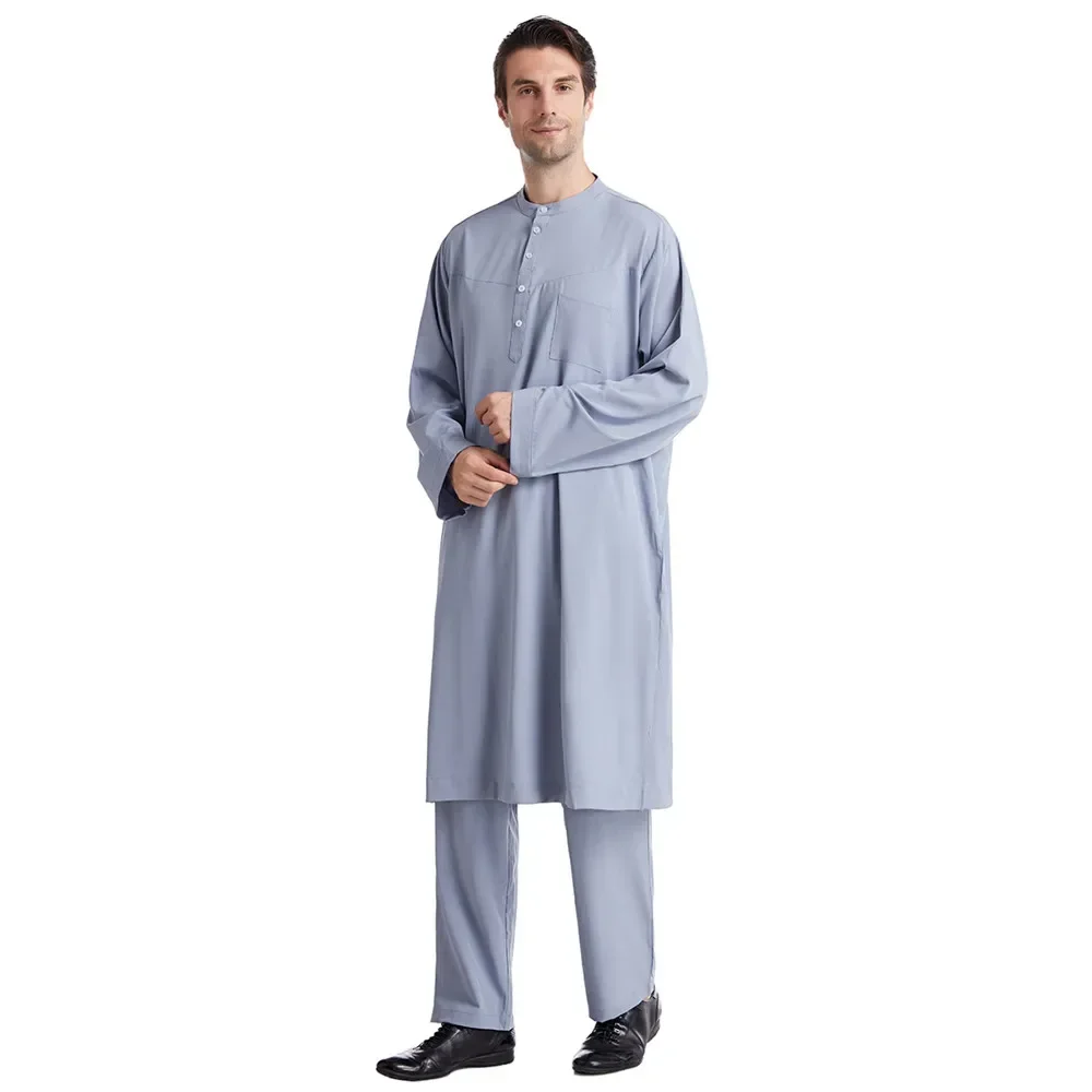 Muslim Sets Men Jubba Thobe Long Robe Pants Saudi Abaya Caftan Dubai Arab Shirts Trousers 2pcs Daffah Dishdasha Islam Clothing