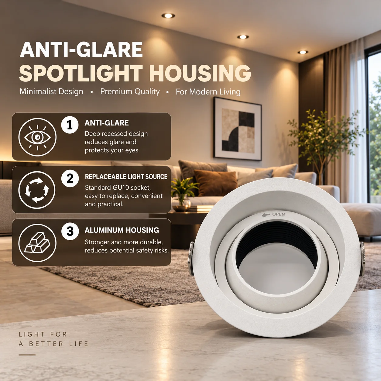 GU10 MR16 Recessed Downlight Frame 75mm Cutout Deep Anti Glare Aluminum Spotlight Housing Replaceable Bulb Holder Ceiling Light