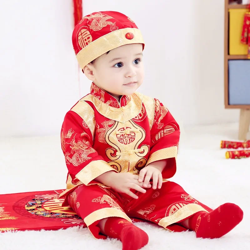 Setelan pakaian anak-anak tradisional Cina, setelan Festival Musim Semi Cina, pakaian Tahun Baru, Set kostum Fotografi satu tahun