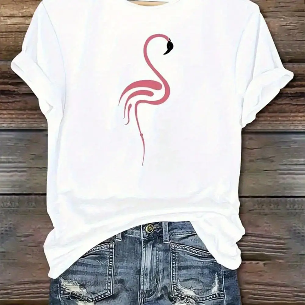1pc White Flamingo Print T-Shirt Pink Flamingo And Black Spots, Short Sleeve, Round Neck, Relaxed Fit, Breathable Soft Fabric, Casual Beach Party