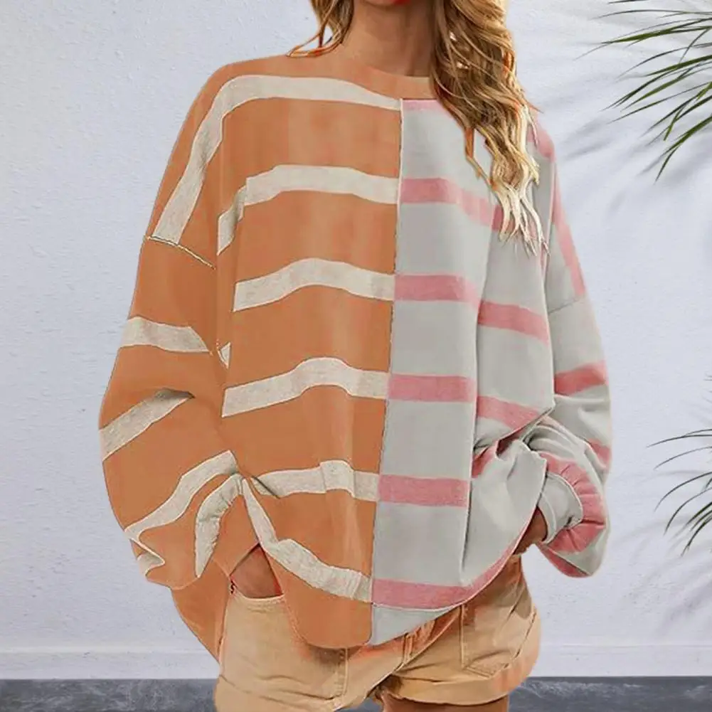 Women Sweatshirt Colorblock Striped Oversized Sweatshirt for Women Knitted Mid Length Pullover Top Wear for Fall Spring Warm