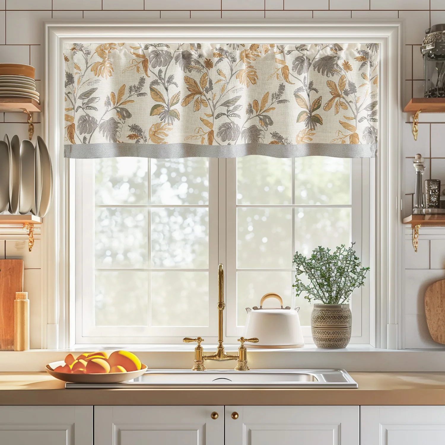 JINCHAN Double Layer Kitchen Window Curtain Leaf Print Linen Valance Living Room Cafe Deco Valance Room Darkening Short Curtains