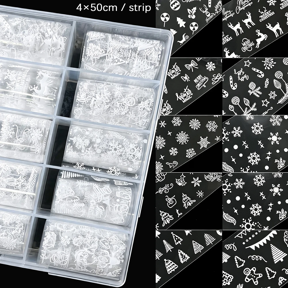 10Roll 4x50CM White Snowflake Christmas Transfer Nail Sticker Gingerbread Man Reindeer Christmas Tree Nail Transfer Foils Paper#