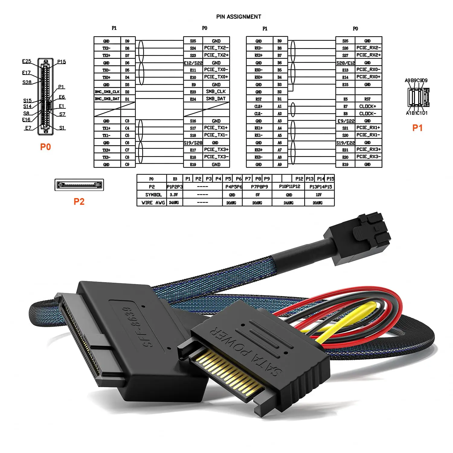 

Internal 12G Mini SAS HD to U.2 / SFF-8643 to SFF-8639 Cable with 15Pin SATA Power for U.2 SSD