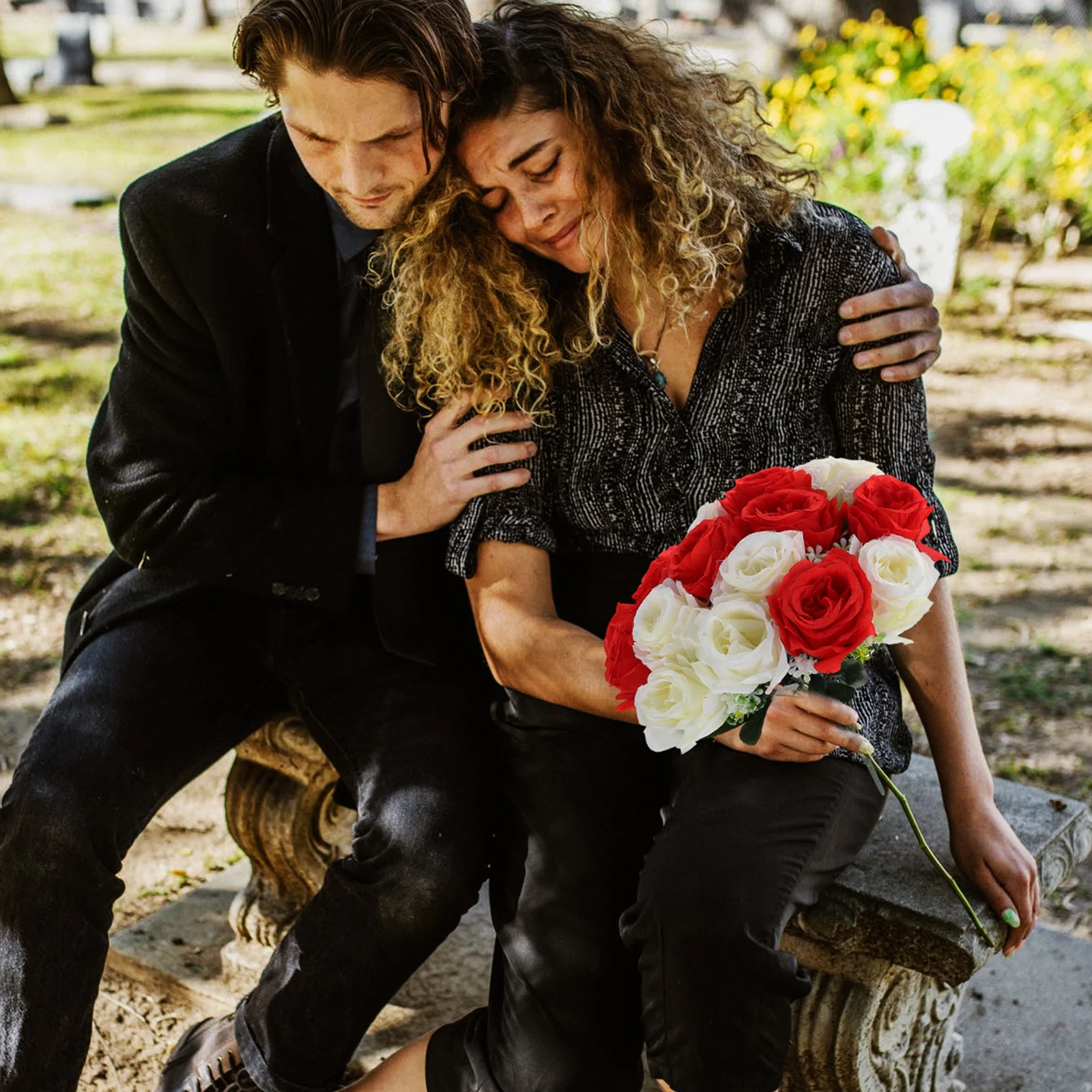 

Artificial Roses Cemetery Flowers Red Bouquet for Grave Memorial Faux Flower Arrangements Long Lasting Easy Care Small Size