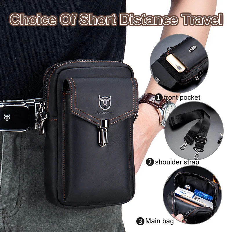 2023 100% Crazy Horse Leather Male Waist Pack Phone Pouch Bags Waist Bag Men's Small Chest Shoulder Belt Bag Back Pack YB076