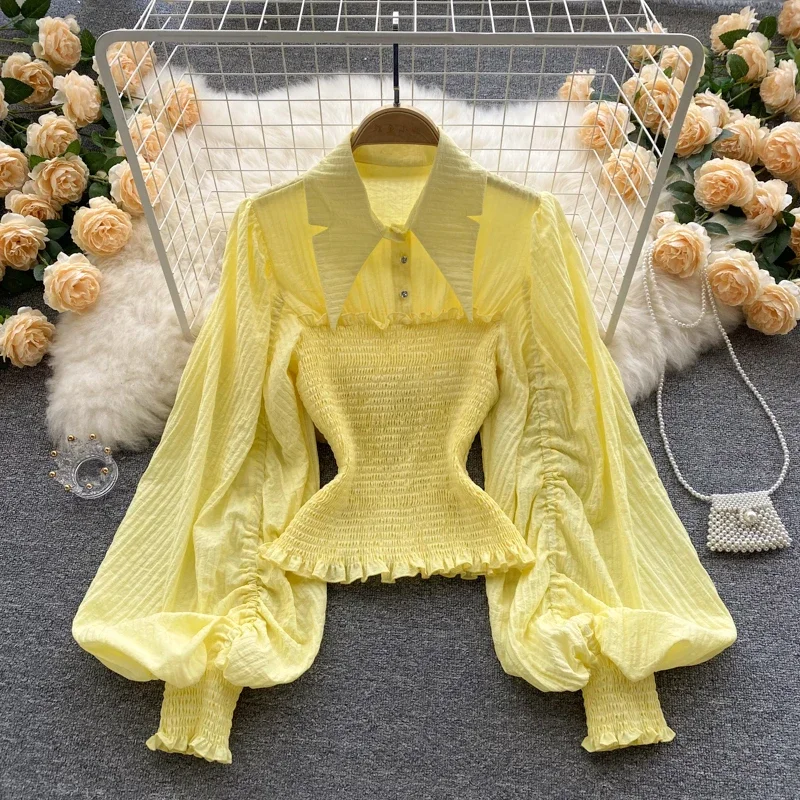 Vintage Lantern Long Sleeve Lapel Pleated Blouse Slim Elegant Korean Fashion Top Sexy Autumn Women Shirt