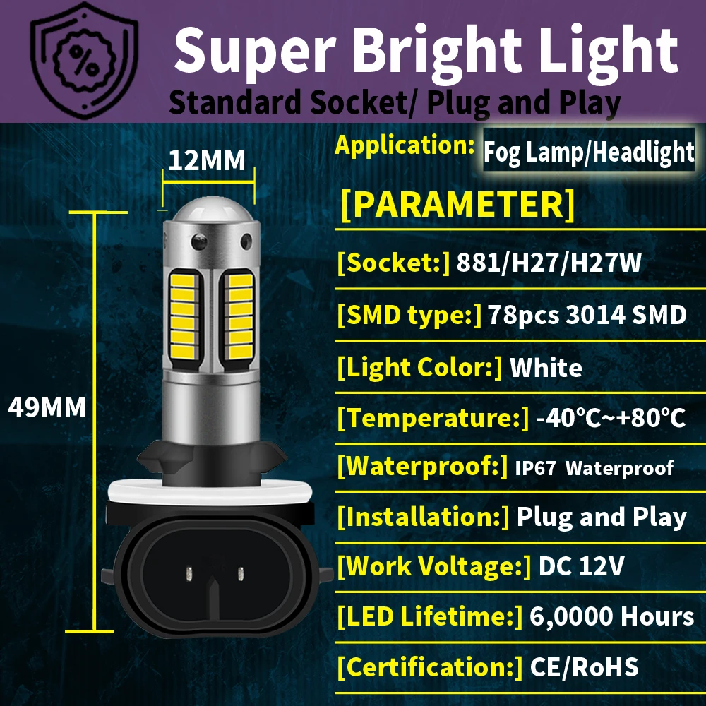 2PCS Car LED Fog Light 881 H27 4014 30smd High Car Parts General Light LED Auto Fog Spare Car Front Light Brightness view 3