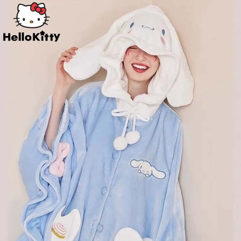 Sanrio Cinnamoroll New Nightwear Hooded Home Soft Plush Cloak Women Cute Pajamas Shawl Robes Pants Y2k Flannel Sleepwear Suit