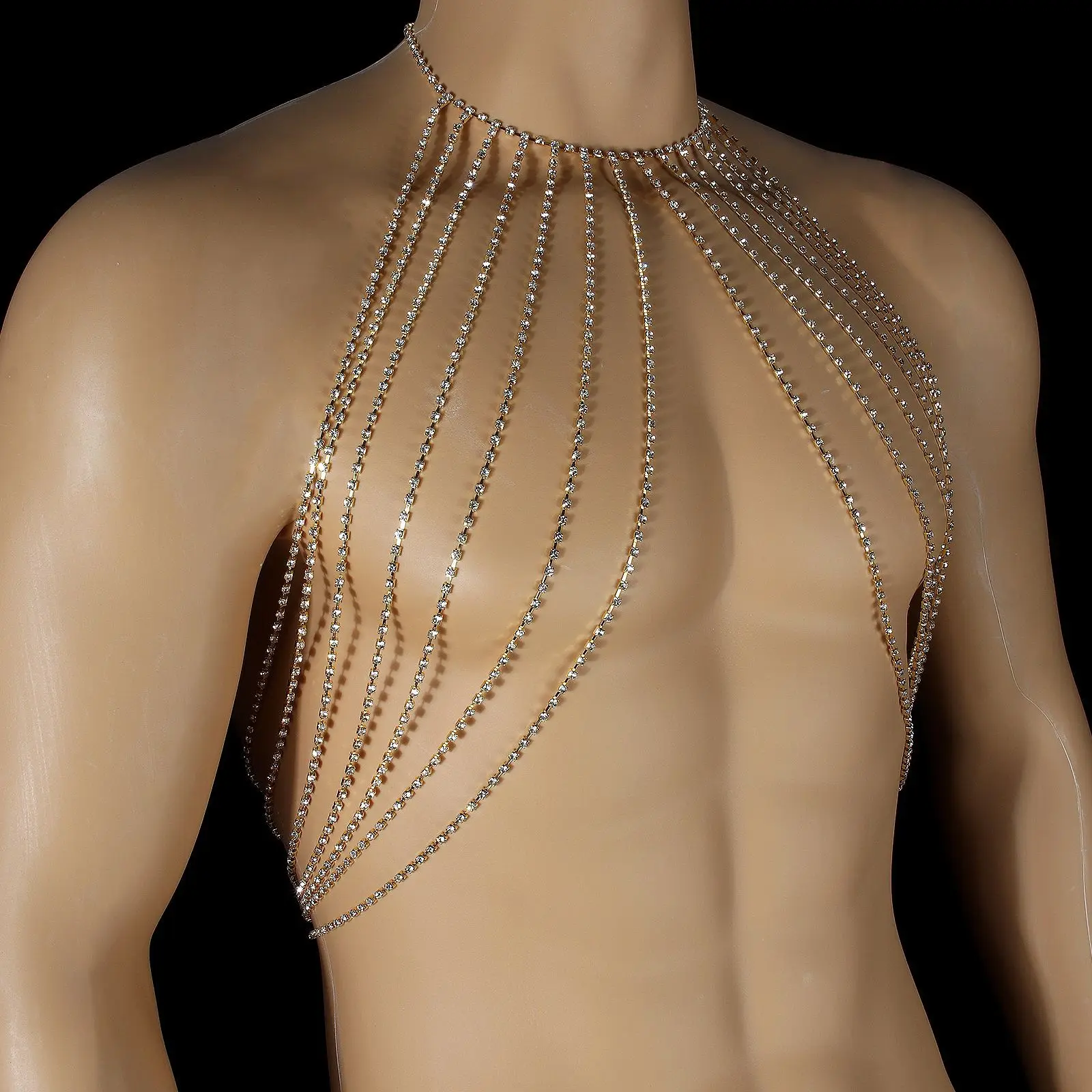 Radiant Gold Rhinestone Shoulder Cape Chain Full Coverage Body Harness Glamorous Stage Show Costume Jewelry Accent For Unisex