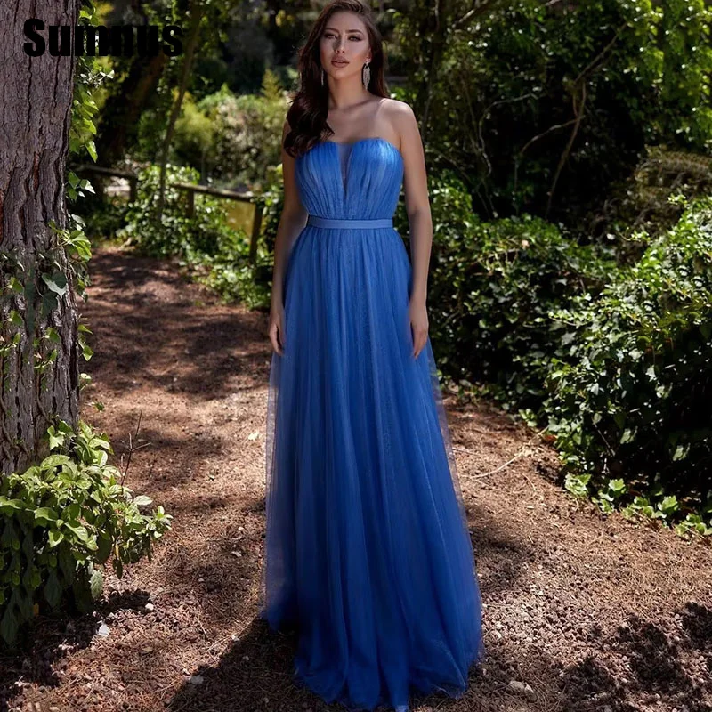 OEING Blue A-Line Prom Dresses Soft Tulle Elegant Strapless Pleat Ruched Party Gowns Floor-Length Vestidos de noche