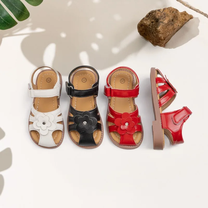 

Summer Toddler Girls Leather Sandals Open Toe Flower Rhinestone Adjustable Back Strap Casual Daily Footwear White Red Black