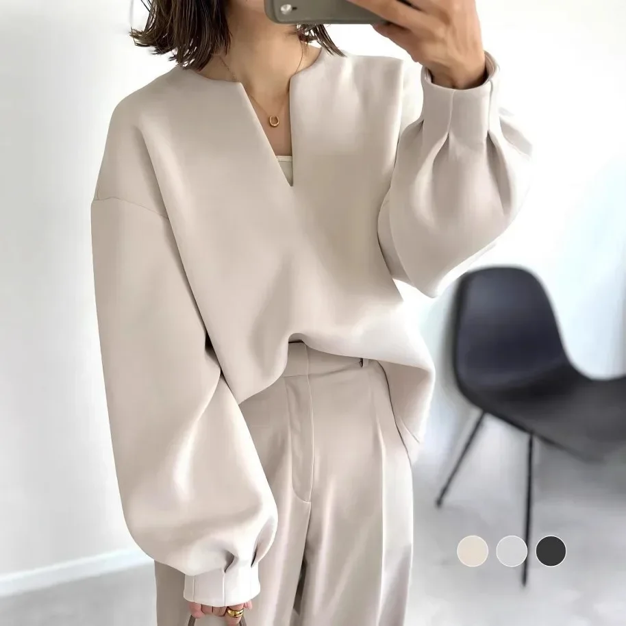 Pop IN STOCK Japanese Style Loose-Fit V-Neck Long Sleeve Sweatshirt Jacket Women's Amazon Foreign Trade Lamp Lantern
