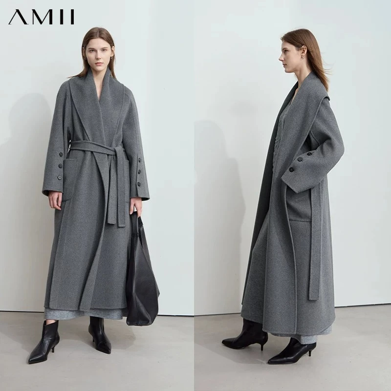 AMII Minimalist Fashion Woolen Coat 2026 Winter New Women's Commuter Full Wool with Belt Long Double-sided Woolen Coat 12424067