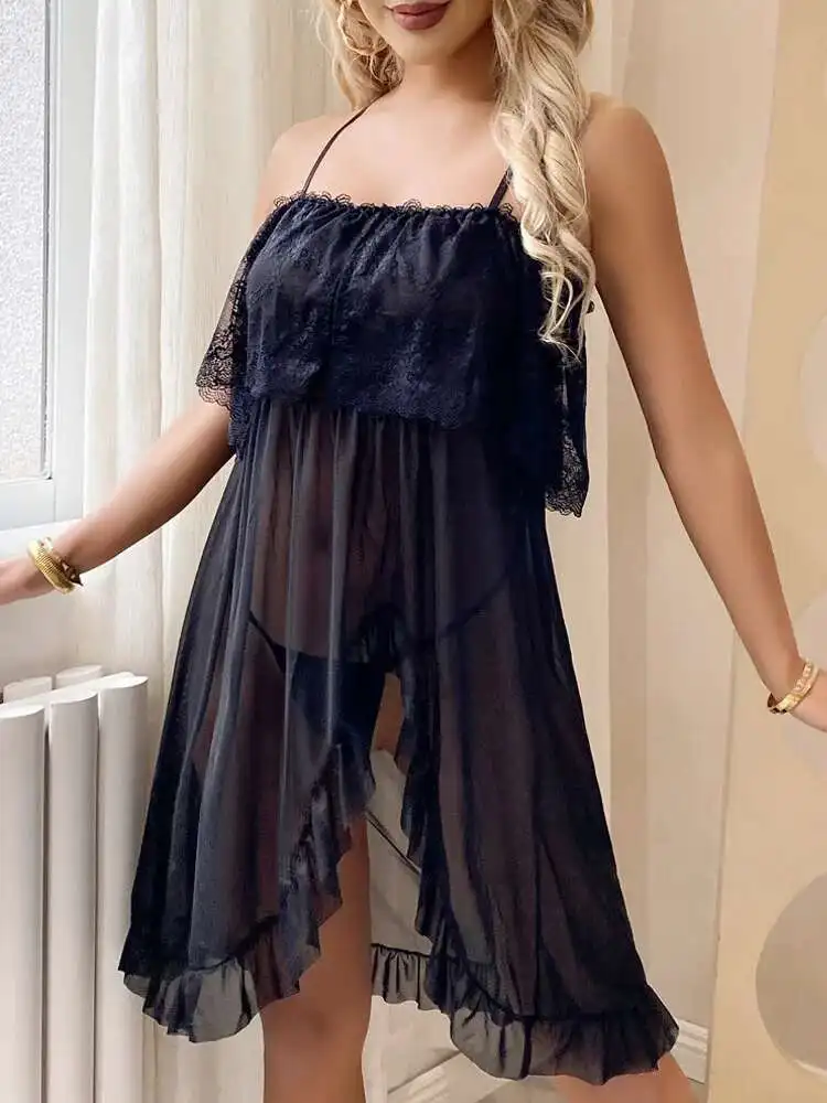 Sexy há uma camada de renda floral impressão em torno do peito do vestido sem costas profundo v sem mangas vestido casual encantador n7j3