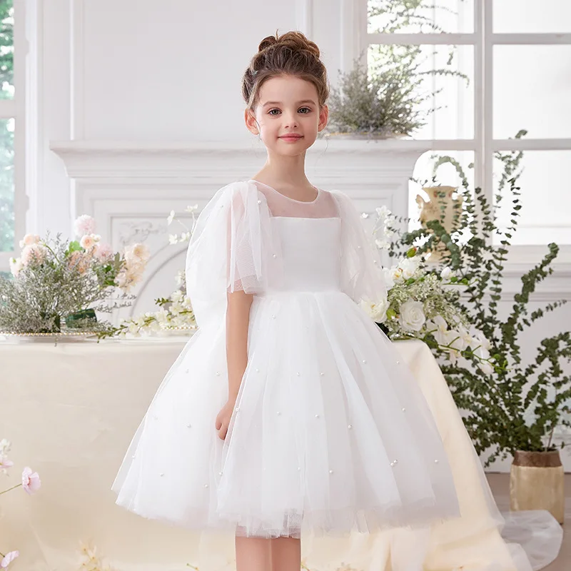 Abito elegante per ragazze Abito da principessa in tulle con fiocco grande e perle per bambini Abito da spettacolo per prima comunione, festa di compleanno, matrimonio