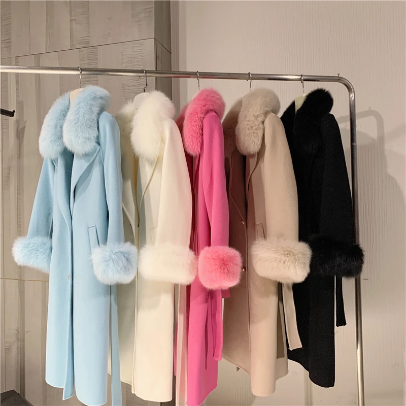 2023 Women Big Real Fox Fur Collar Fashion Winter Long Jacket Wool Cashmere Blended Coat Double Breasted Belt Outwear Cuffs