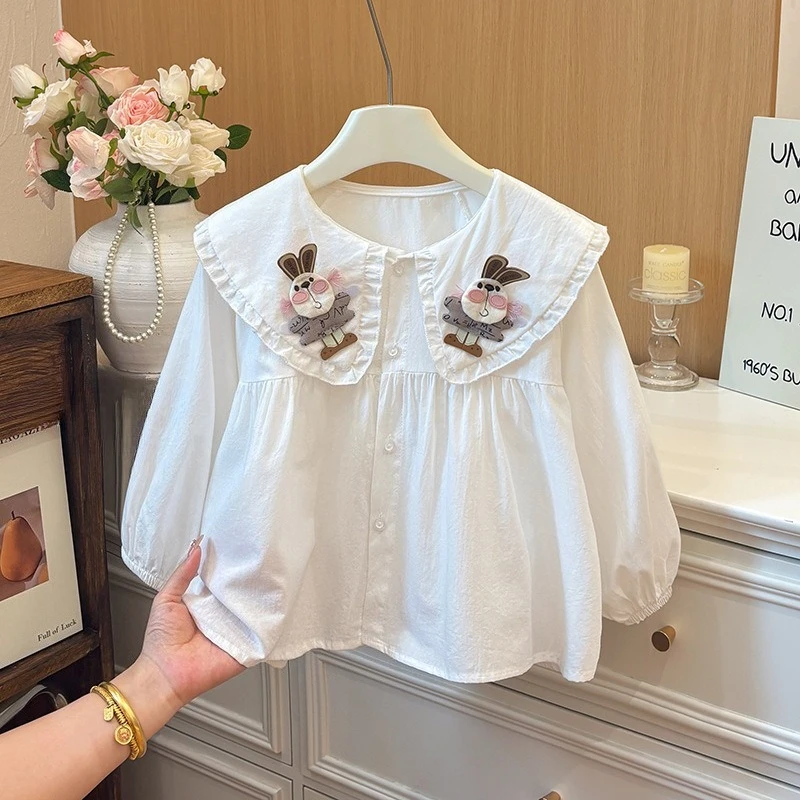 New Pure Cotton Girls' Shirt with Spring and Autumn Long Sleeves Rabbit Doll Collar Lace and Fashion Princess Kids Shirt