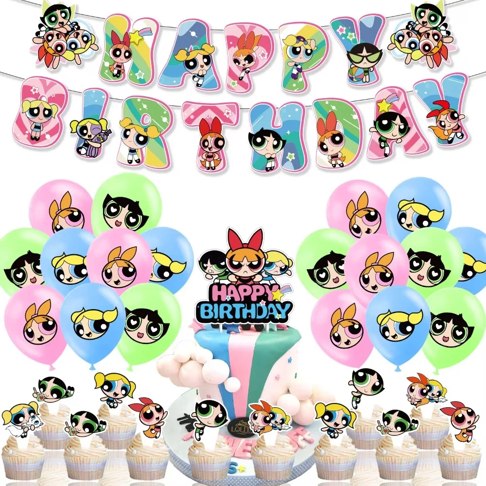 The Powerpuff Girls Theme Party Decoration  Birthday Letter banner Cake Flags And Cards Children's Balloon Arrangement Suit