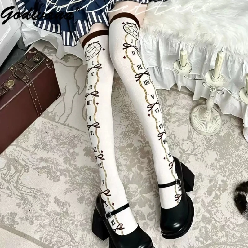 

Original Vintage Printed Above Knee High Socks Blue Snowflake Playing Cards Clock Lolita Cotton Thigh High Socks Stockings