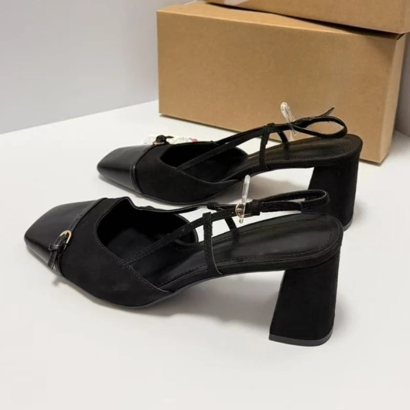 Chunky Heels Summer Women Slingback Sandals Vintage Square Toe Brown Suede Buckle Belt Patchwork Elegant Office Ladies Shoes - view 6