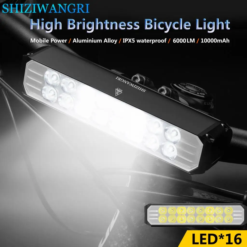 Bicycle Front Handlebar Light IPX5 Waterproof 16LED Lamp Bike USB Rechargeable  6000Lumen 10000mAh Cycling Bright Flashlight