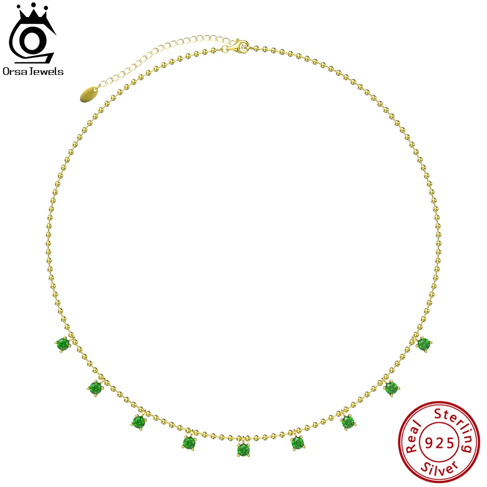 ORSA JEWELS 14K Gold 925 Sterling Silver Multi Color Gemstone Chain Necklace for Women Shiny CZ Pendant Necklace Jewelry EQN54