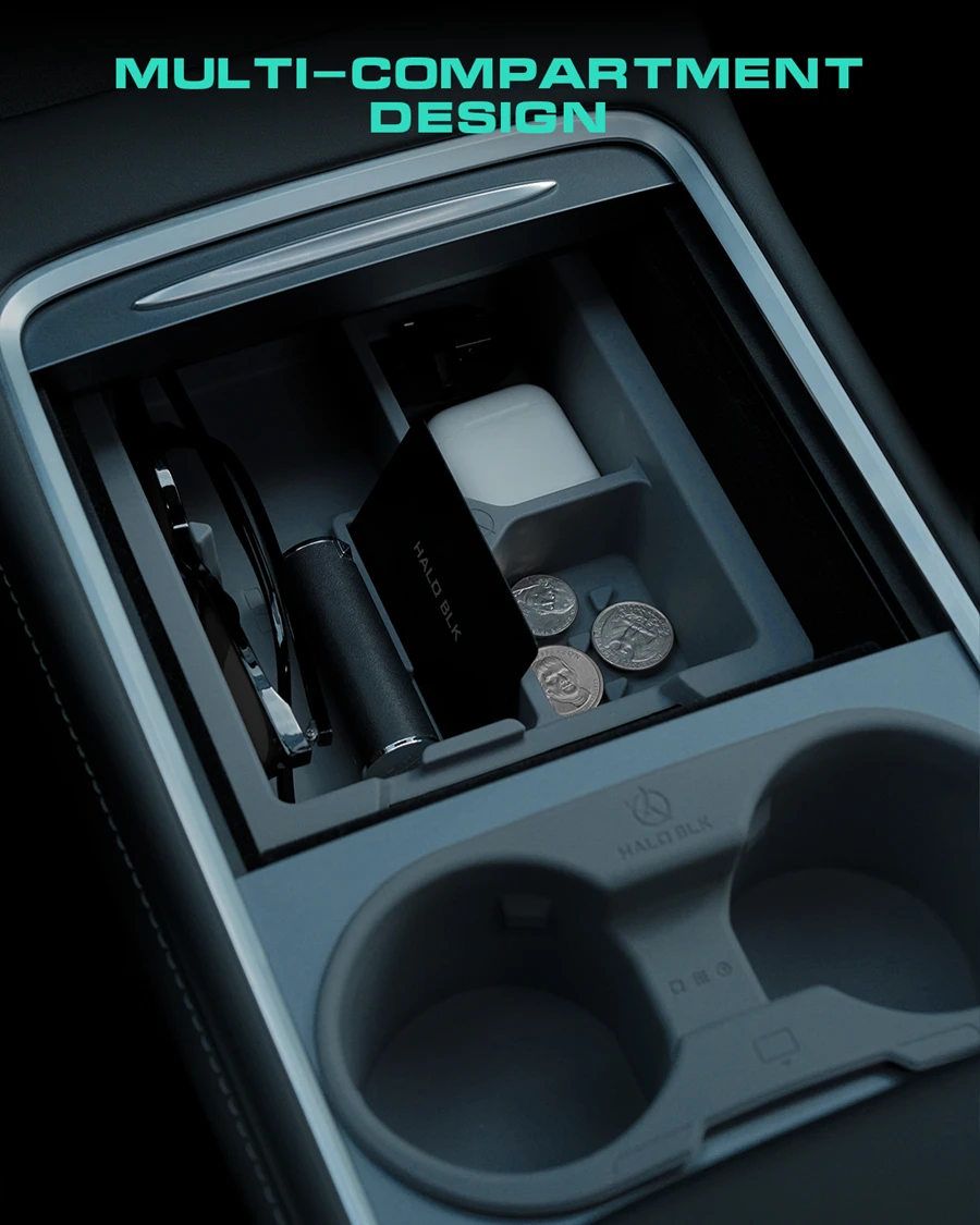 Organizzatore del vassoio della Console centrale a doppio strato in Silicone HALOBLK per Tesla Model Y Model 3 2023-2021 Cupholder Design brevettato