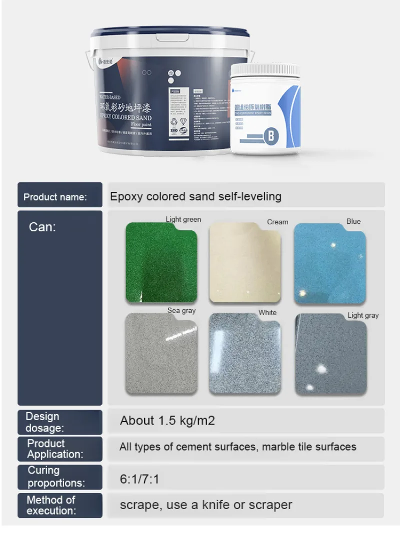 Revestimiento de suelo de arena de color epoxi, pintura para suelo, construcción, conveniencia, álcalis, resistente al polvo, brillante, impermeable, pintura para suelo epoxi