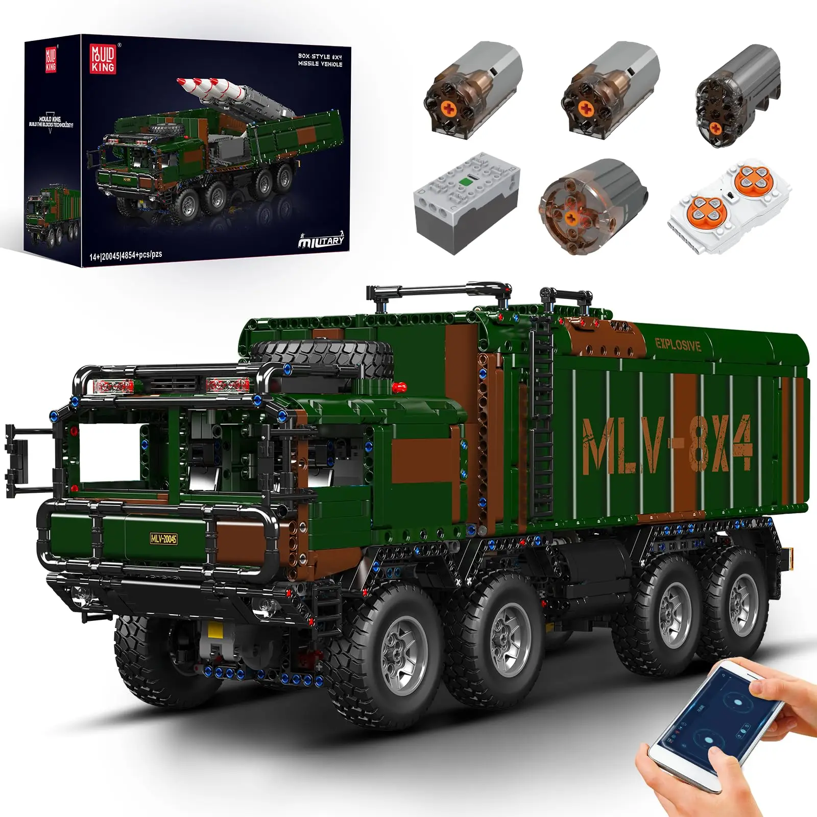 

MouldKing Military Vehicles Building Blocks Set, RC Heavy All-Terrain Vehicle Box-Style 8X4 Missile Army Truck with 4 Motors